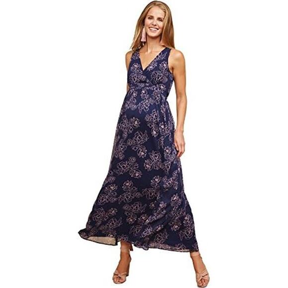 Motherhood Sleeveless Surplice Maxi Dress Maternity Medium Navy with Pink Floral - Picture 1 of 8